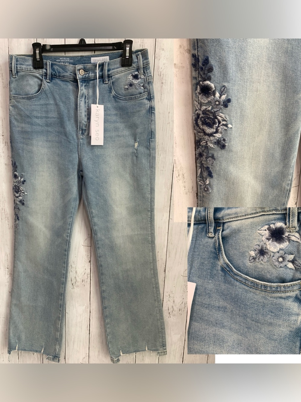 Karyn Seo Embroidered Floral Raw Hem Straight Leg Ankle Jeans High Rise Sz 16/33